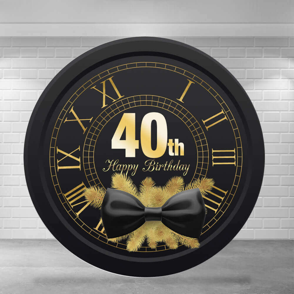 Elegant 40th birthday round backdrop featuring a black background, gold Roman numeral clock design, metallic gold leaves, and a black bow tie.