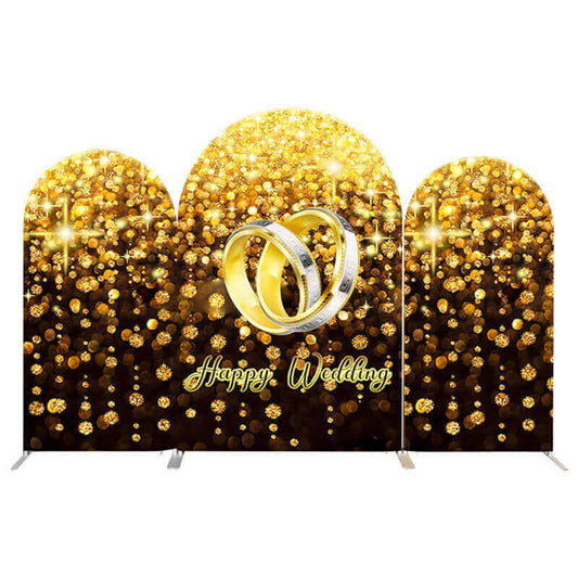 Three-piece wedding arch backdrop with a black and golden glitter design featuring interlocking wedding rings and "Happy Wedding" text, ideal for wedding or anniversary decor.