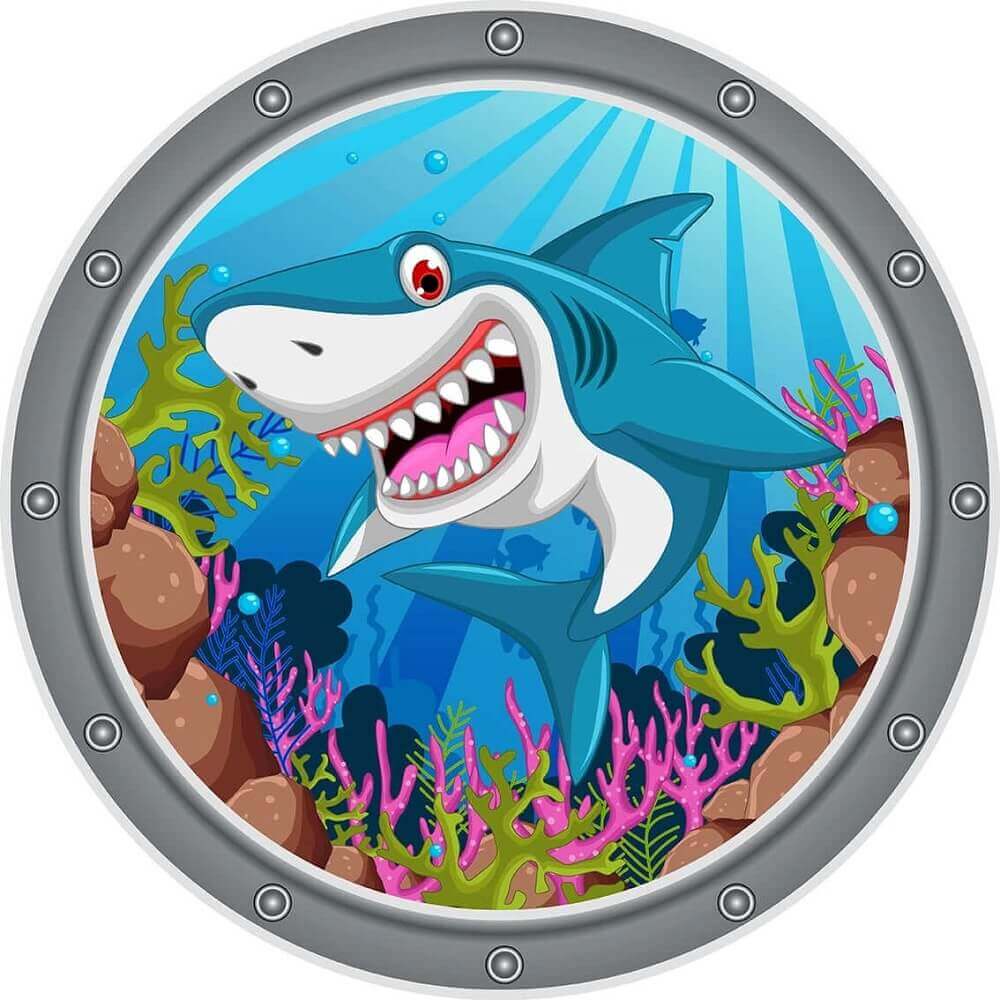 A circular underwater-themed backdrop featuring a cartoonish blue shark with a wide grin, set against a vibrant underwater scene with green and pink corals, and small blue bubbles, designed for children's parties or marine-themed events.