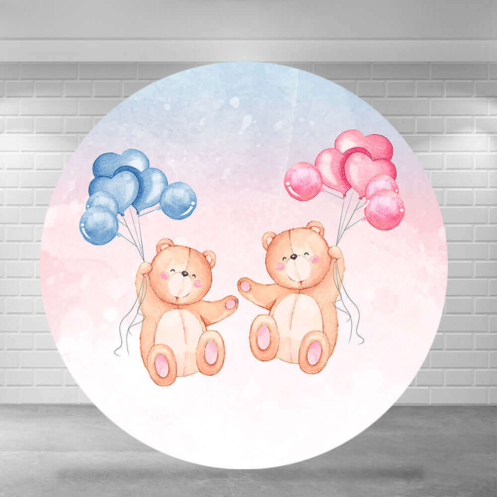 Round gender reveal backdrop with two watercolor teddy bears holding blue and pink balloons on a pastel background, perfect for baby showers and photography setups.