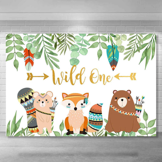 Wild One-themed tribal party backdrop featuring woodland animals including a fox, bear, and chipmunk with tribal patterns, arrows, feathers, and greenery, perfect for birthday celebrations or boho-style parties.