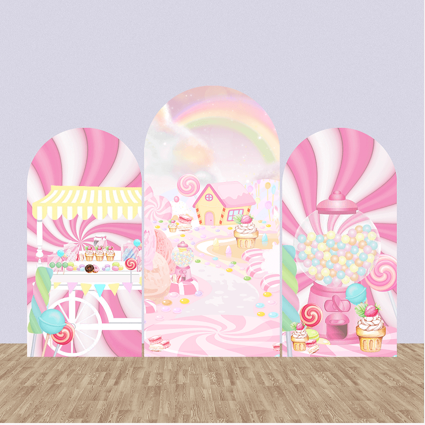 Three-panel pink candyland-themed arched backdrop set featuring a candy cart, a magical candyland scene with a rainbow and lollipops, and a gumball machine, perfect for kids’ parties and dessert-themed events.