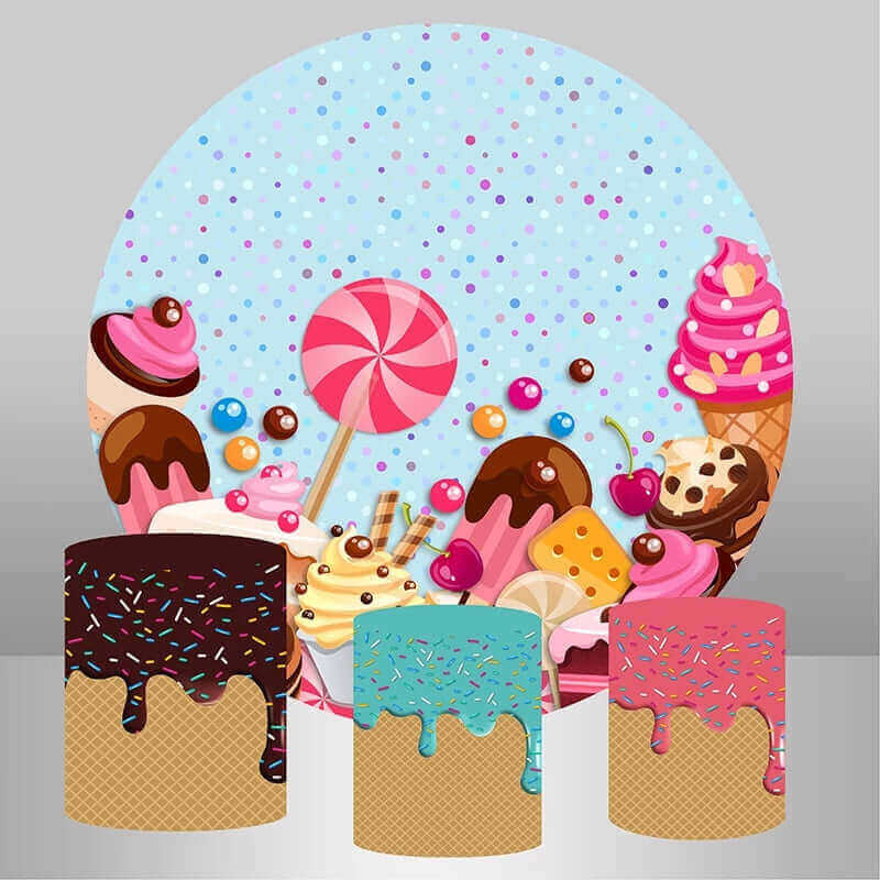 Candyland-themed party setup featuring a round backdrop with lollipops, ice cream, and sprinkles, paired with matching waffle cone cylinder covers.