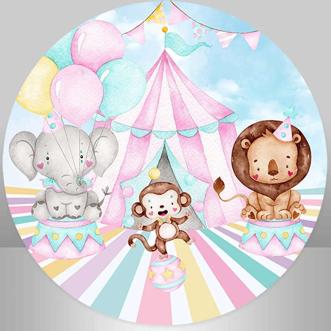 Pink and pastel circus round backdrop featuring cartoon animals including a monkey on a ball, an elephant with balloons, and a lion wearing a party hat.