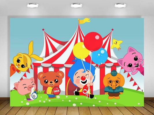 Cartoon-themed circus backdrop featuring Plim Plim, colorful animals, and a red-and-white striped circus tent, ideal for kids' parties.