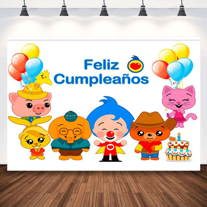 Bright and colorful Cartoon Plim Plim backdrop featuring Plim Plim and friends like a pig, rabbit, bear, and cat with balloons, cake, and a 'Feliz Cumpleaños' message.