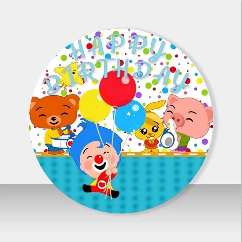 Cartoon-themed Plim Plim birthday backdrop with Plim Plim holding balloons, animal characters, and a colorful polka-dot pattern.