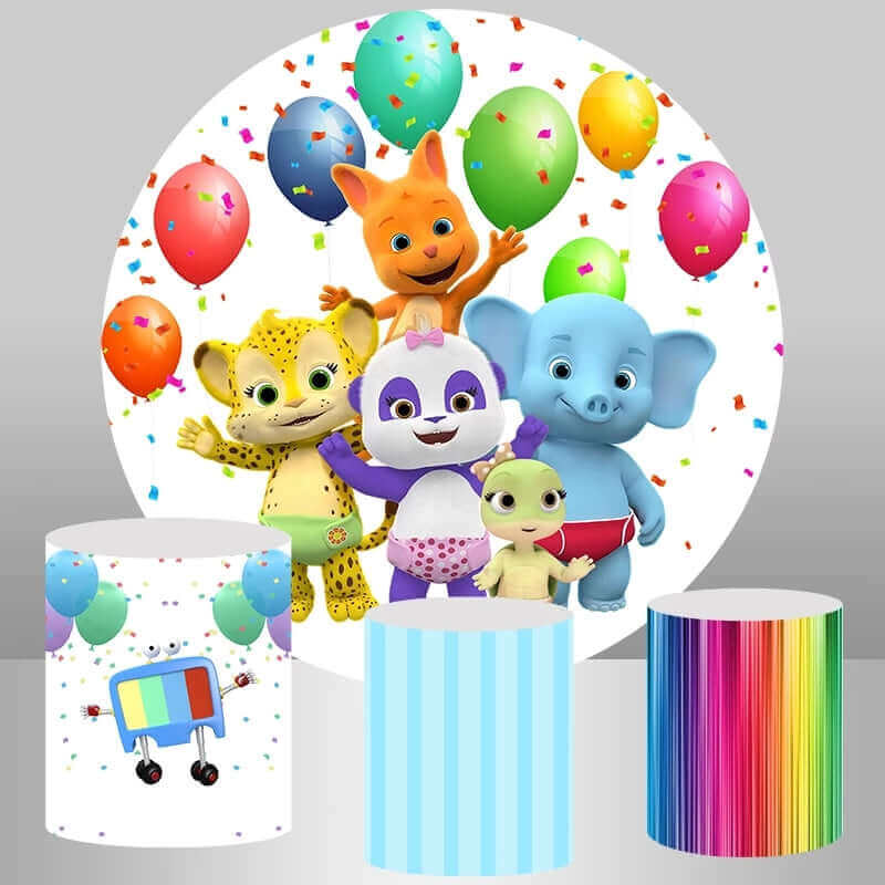 Cartoon-themed birthday party backdrop featuring colorful balloons, cheerful cartoon animal characters (fox, panda, cheetah, elephant, and lizard), with matching plinth covers in robot, blue stripe, and rainbow stripe designs.