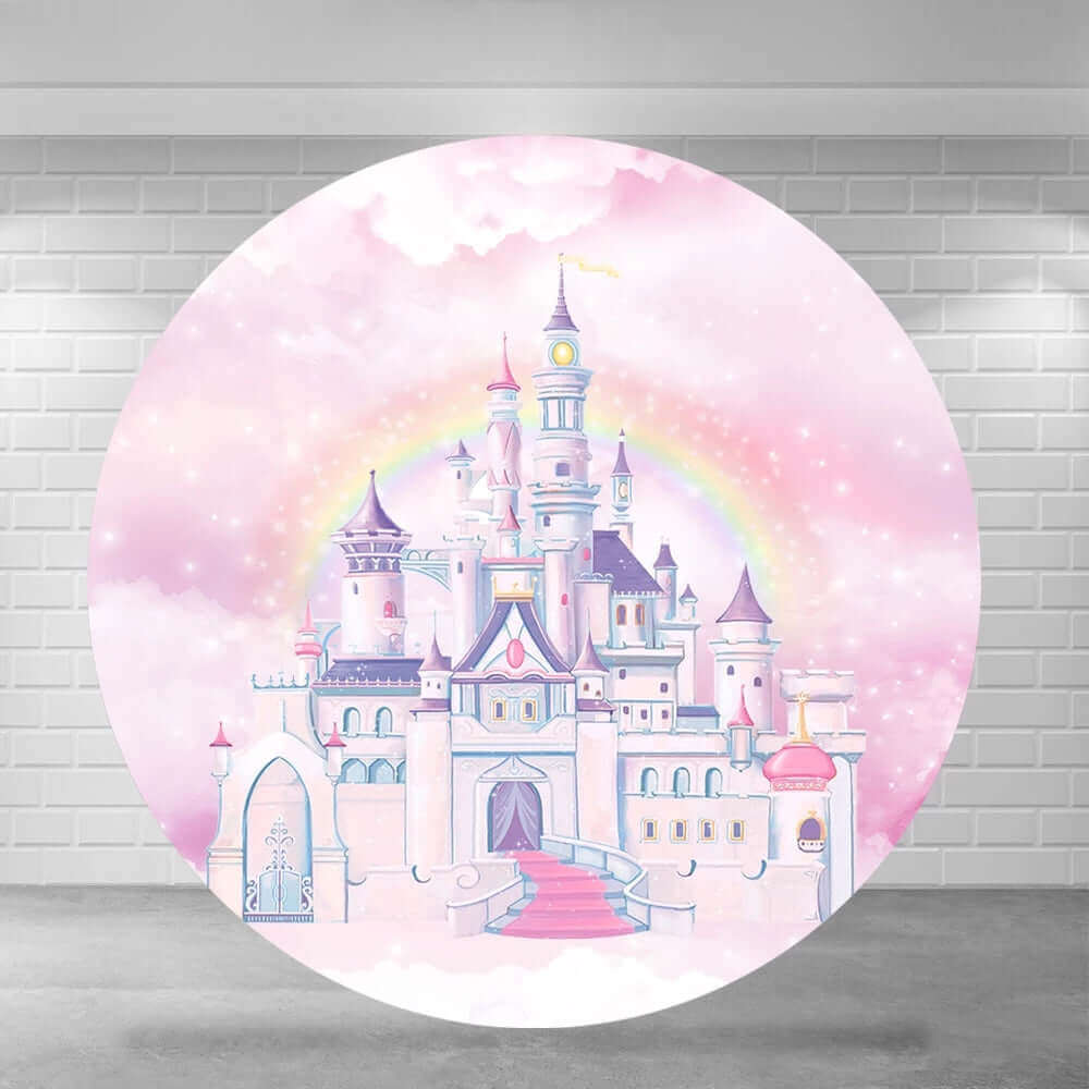 Round pink fairy-tale castle backdrop with a colorful rainbow, fluffy pastel clouds, and elegant castle details, perfect for princess-themed events.