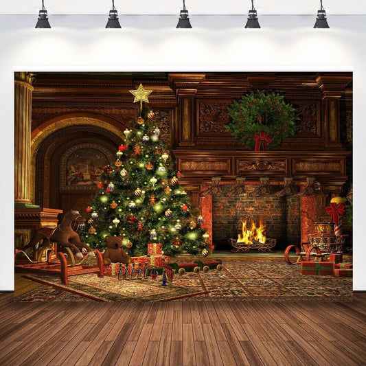 Luxurious Christmas photography backdrop with a decorated tree, glowing fireplace, and vintage wooden decor for festive portraits.