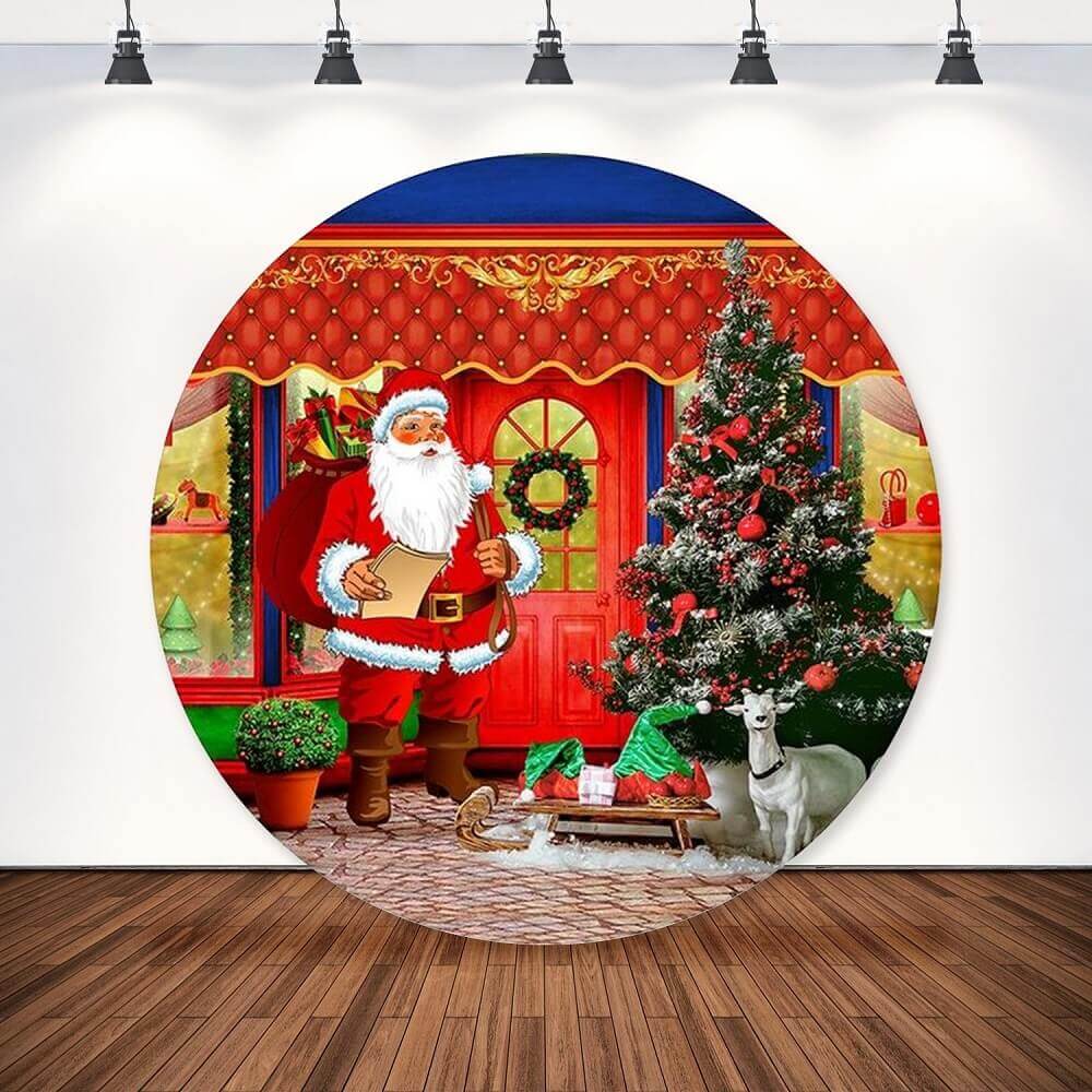 Christmas round backdrop featuring Santa Claus, a Christmas tree, and festive decorations for holiday photography.