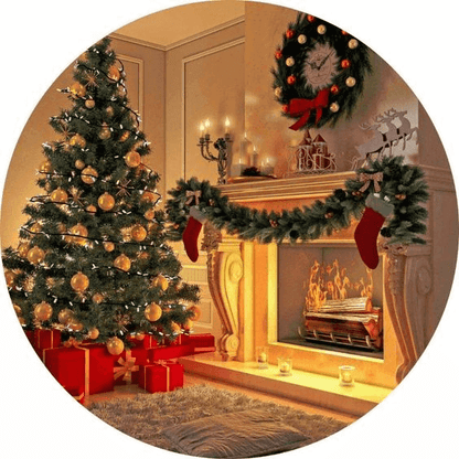 A cozy Christmas-themed scene featuring a beautifully decorated Christmas tree adorned with golden ornaments and surrounded by red gift boxes. Next to the tree is a glowing fireplace decorated with garlands, red stockings, and candles. Above the fireplace hangs a festive wreath with a red bow, while the warm lighting creates a festive and inviting atmosphere. Perfect for holiday celebrations.