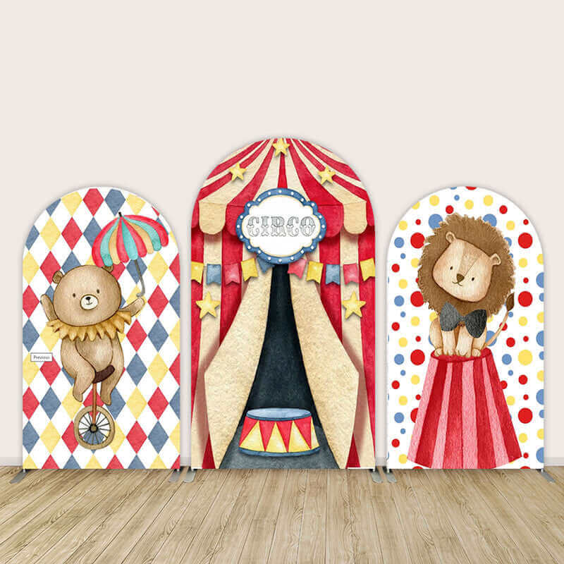 Circus Animals Arched Backdrop Set with a vibrant circus tent, a lion on a red pedestal, and a bear on a unicycle, perfect for party decorations.