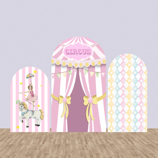 Three-panel pink circus-themed arched backdrop set featuring a ballerina on a carousel horse, a grand pink circus tent, and a pastel diamond pattern, ideal for kids' parties and carnival-themed events.