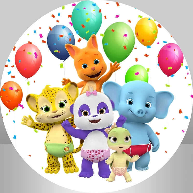 Round cartoon birthday backdrop with balloons, confetti, and cheerful animal characters, including a fox, panda, cheetah, elephant, and lizard, perfect for kids' parties.