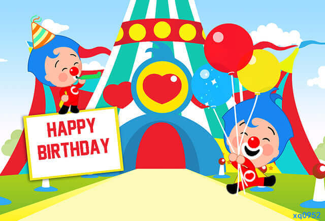 A colorful cartoon illustration featuring two cheerful characters in a festive setting. One character is holding balloons, and the other is blowing a party horn next to a sign that says "Happy Birthday." The background includes a vibrant circus tent with red, blue, and green stripes, a heart motif, and a bright yellow path leading to the entrance. The scene is lively and celebratory, perfect for a birthday party theme.