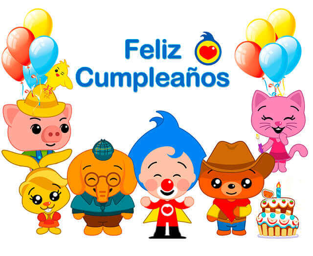 A colorful cartoon-themed birthday illustration featuring a group of cheerful characters, including a pig, rabbit, elephant, clown, bear, and cat, standing in a row. The text "Feliz Cumpleaños" is displayed at the top in blue with a heart logo. The background includes balloons in red, yellow, and blue, along with a festive birthday cake adorned with candles. The scene is vibrant and celebratory, perfect for a children's birthday party.