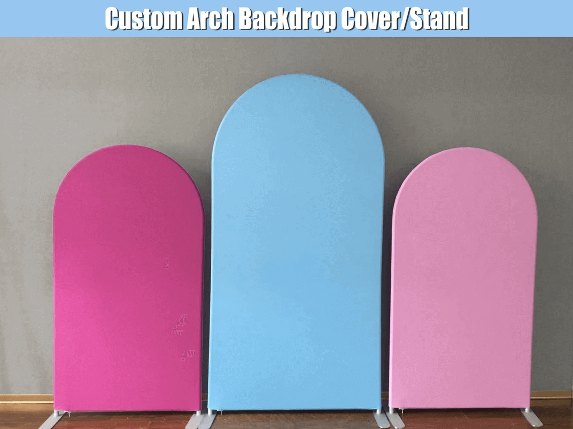 Custom arch backdrop set with three adjustable covers in vibrant pink, pastel blue, and blush pink, displayed on sturdy stands, perfect for event decor and photography.