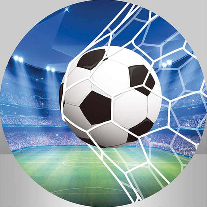 Round backdrop depicting a vivid soccer field inside a stadium with bright lights, showcasing a soccer ball in the net, perfect for creating a sports-themed atmosphere.