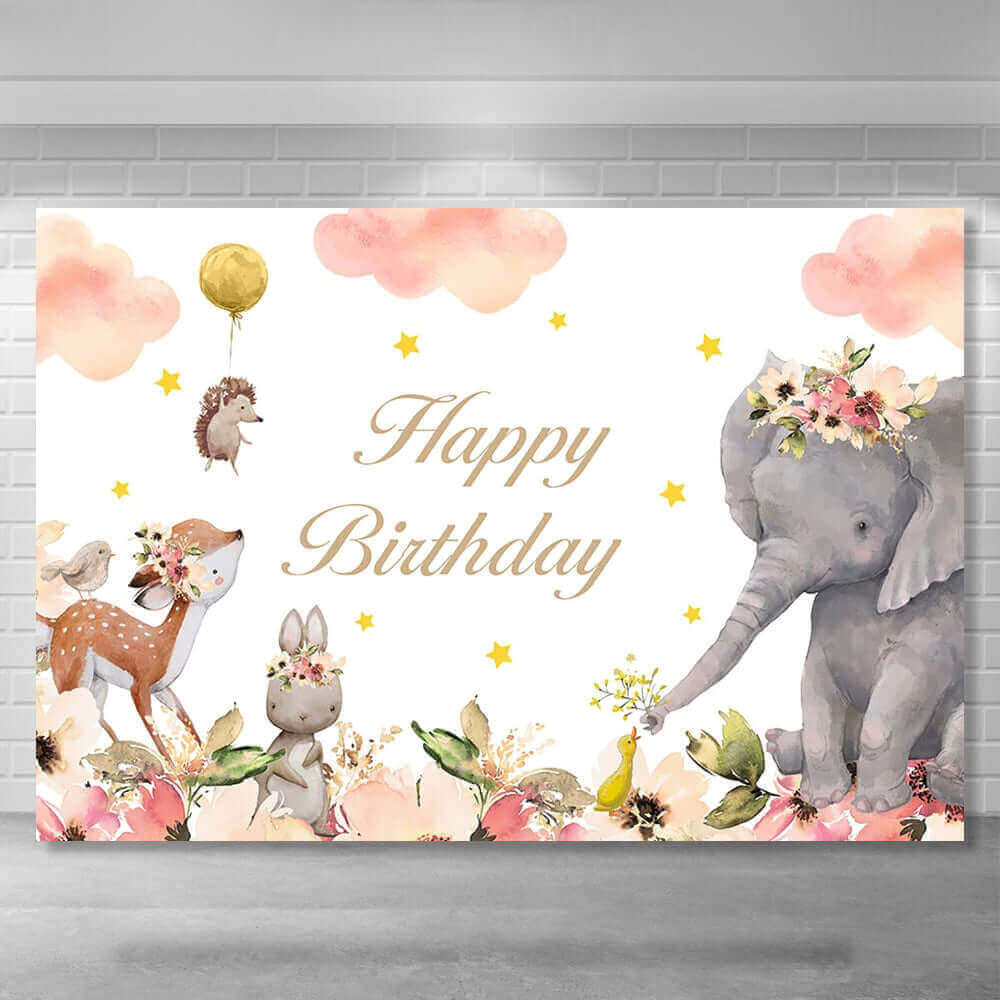 Watercolor animal-themed birthday party backdrop featuring an elephant, deer, bunny, and hedgehog surrounded by floral accents, pink clouds, and golden stars, perfect for kids’ celebrations.