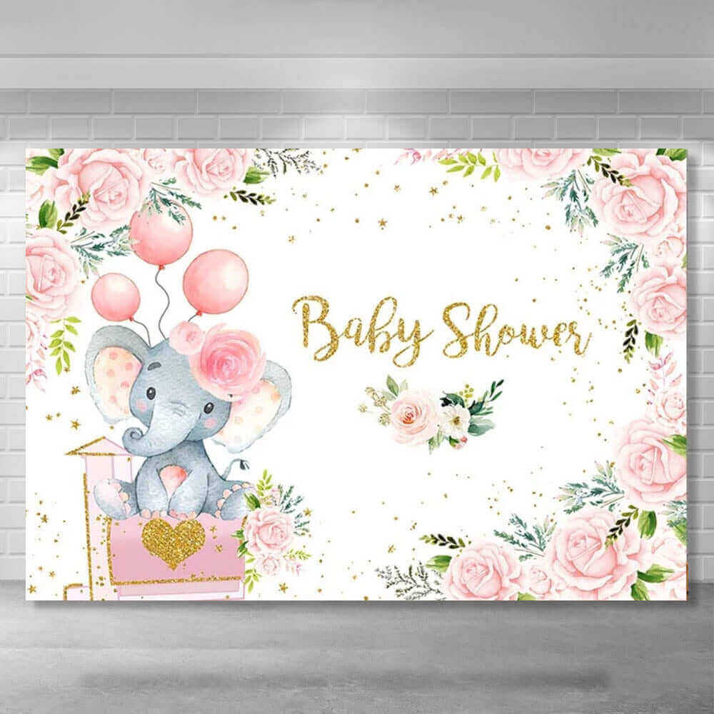 Pink floral baby shower backdrop featuring a cute baby elephant holding pink balloons, surrounded by pastel roses, greenery, and gold glitter accents, perfect for baby girl celebrations.