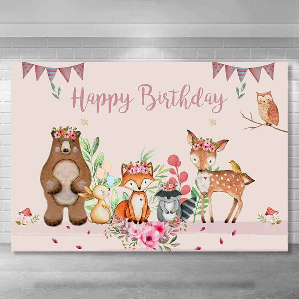 Woodland-themed birthday party backdrop featuring watercolor-style fox, bear, deer, raccoon, bunny, and owl illustrations with floral crowns, pastel bunting flags, and greenery, ideal for rustic celebrations.