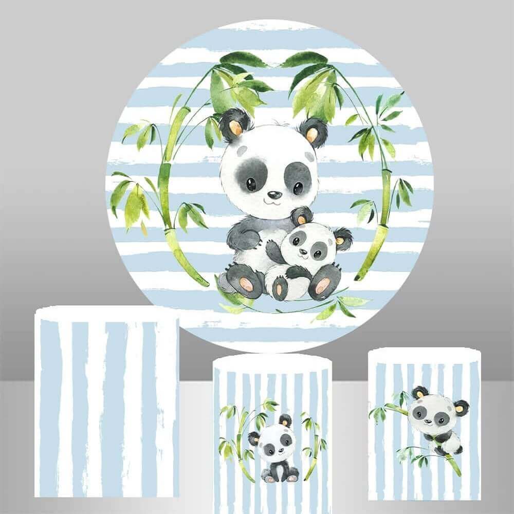 A baby panda birthday backdrop set featuring a mother panda holding her cub amidst bamboo stalks, with a serene blue and white striped background, perfect for children's parties and baby showers.