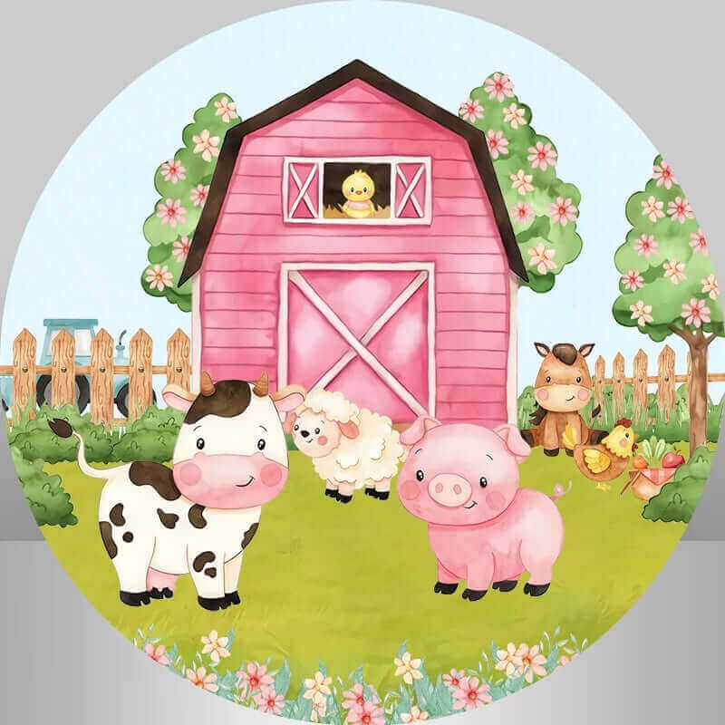 Round farm-themed party backdrop featuring a pink barn, a cow, pig, sheep, chick, and blooming flowers in a cheerful countryside scene.