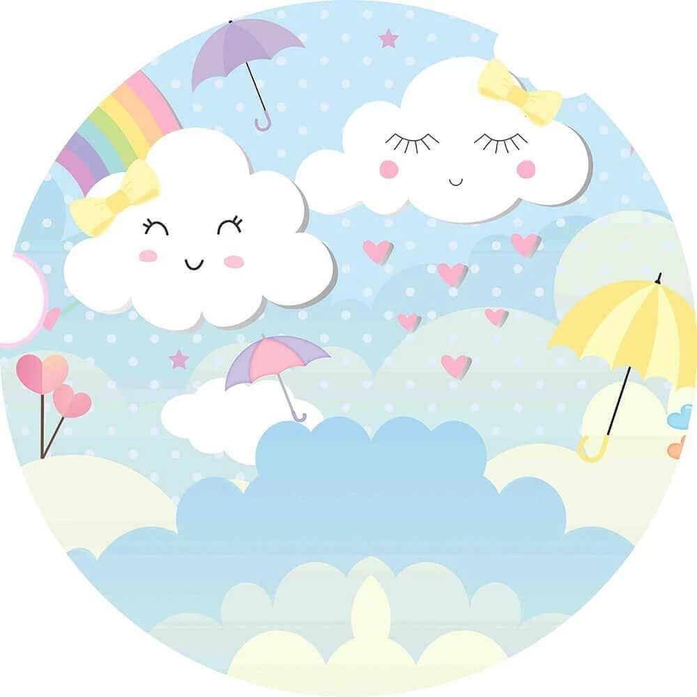 Round birthday party backdrop with smiling clouds, a colorful rainbow, heart balloons, and umbrellas, set in a soft pastel sky theme.