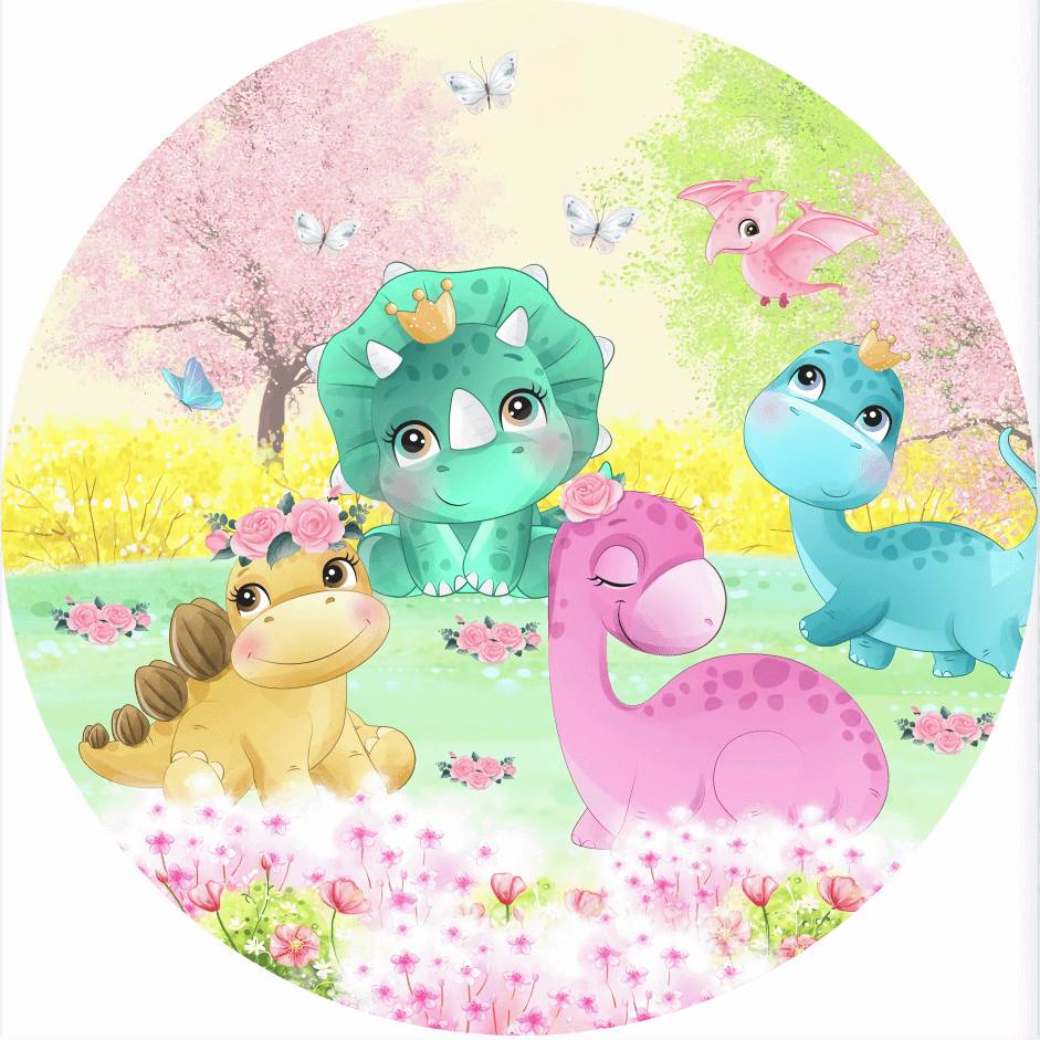 Round backdrop with a dinosaur theme, showcasing cartoon dinosaurs such as a green Triceratops with a crown, a pink Brontosaurus, and others in a pastel floral garden.