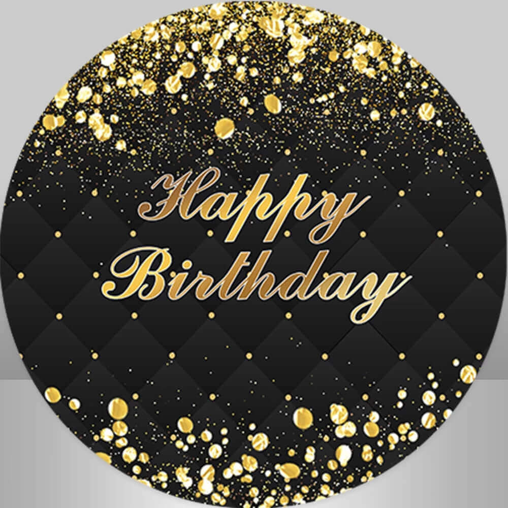 Black and gold-themed birthday backdrop with quilted black texture, cascading golden glitter dots, and "Happy Birthday" text for luxurious celebrations.