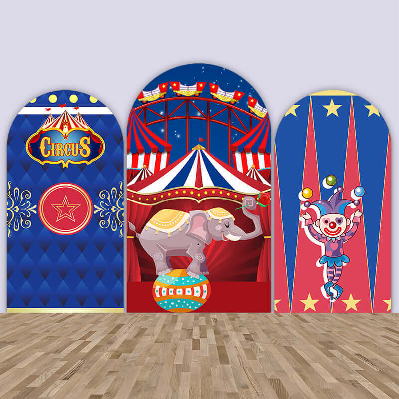 Set of three arched backdrops featuring a circus tent, a balancing elephant, and a juggling clown with royal blue and red carnival designs, perfect for kids’ parties and events.