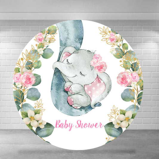 Round baby shower backdrop featuring a sleeping watercolor elephant with pink floral accents, eucalyptus leaves, gold details, and 'Baby Shower' text.