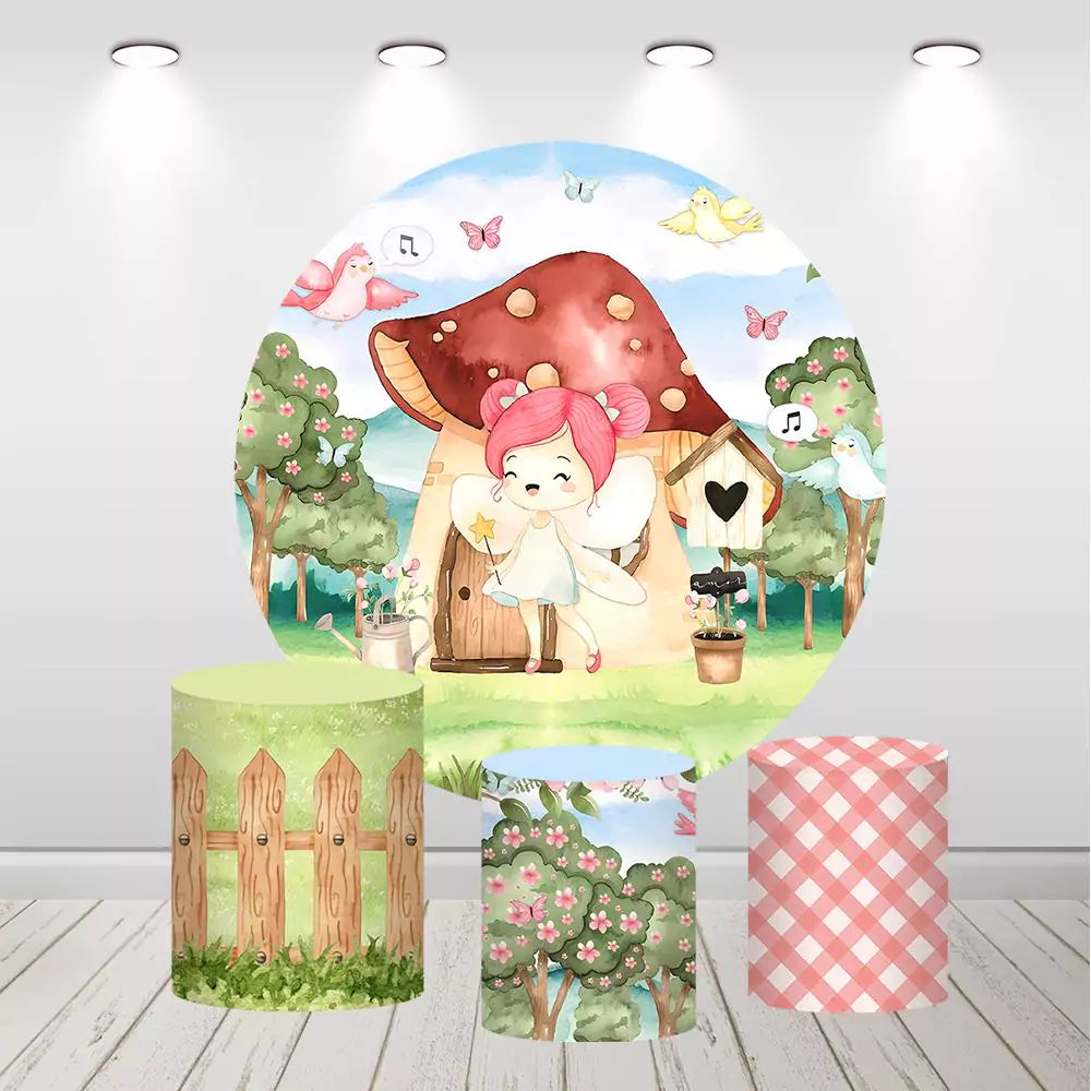 Fairy Mushroom House Birthday Party Round Backdrop