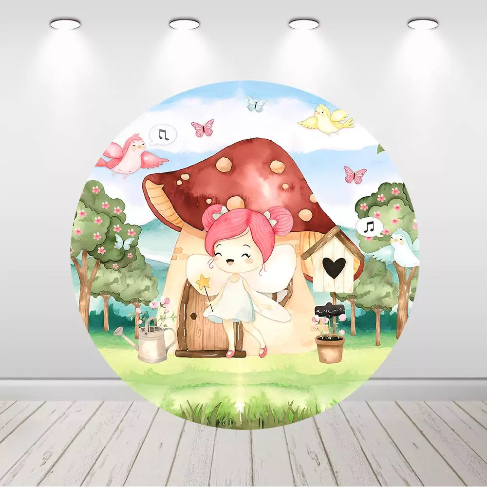 Fairy Mushroom House Birthday Party Round Backdrop