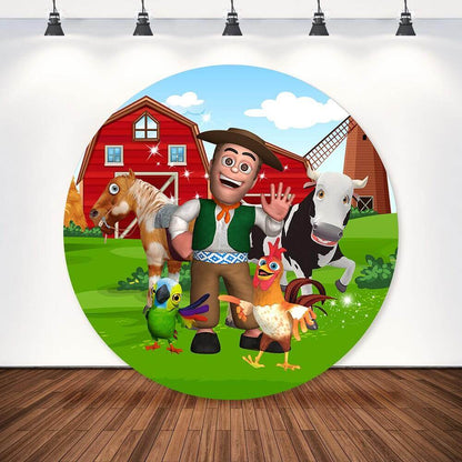 Cartoon farm-themed round backdrop featuring a cheerful farmer, barnyard animals, and a red barn for children's photography.