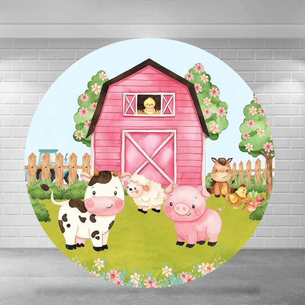 Round farm-themed party backdrop featuring a pink barn, a cow, pig, sheep, chick, and blooming flowers in a cheerful countryside scene.