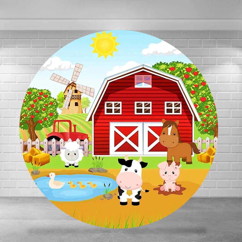 Round farm-themed party backdrop featuring a red barn, a windmill, tractor, apple trees, and cute farm animals like a cow, pig, sheep, and horse.