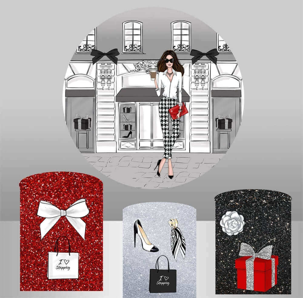 Fashion-themed shopping backdrop set with a chic woman holding a coffee cup, standing in front of a designer store, and three glittery cylinder covers with "I love shopping" graphics, high heels, and shopping accessories.