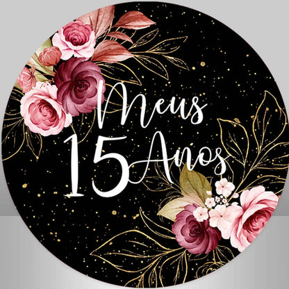 A round black backdrop featuring vibrant pink roses, gold leaves, and the text 'Meus 15 Anos,' perfect for quinceañeras or sweet 15 celebrations.