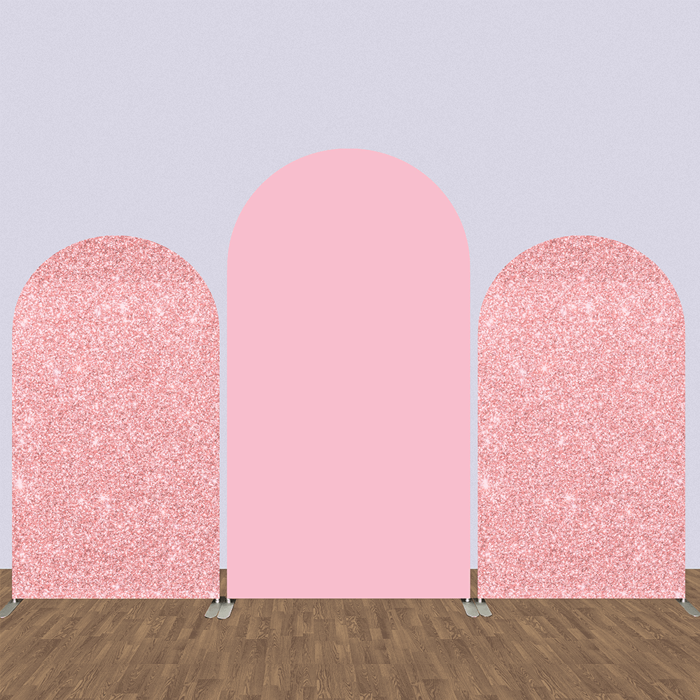 Three-panel Chiara arch wall backdrop featuring two rose pink glitter arches on the sides and a solid pink central arch, set on a wooden floor background.