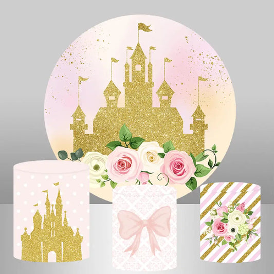 Gold Castle Princess Birthday Party Flowers Round Circle Backdrop