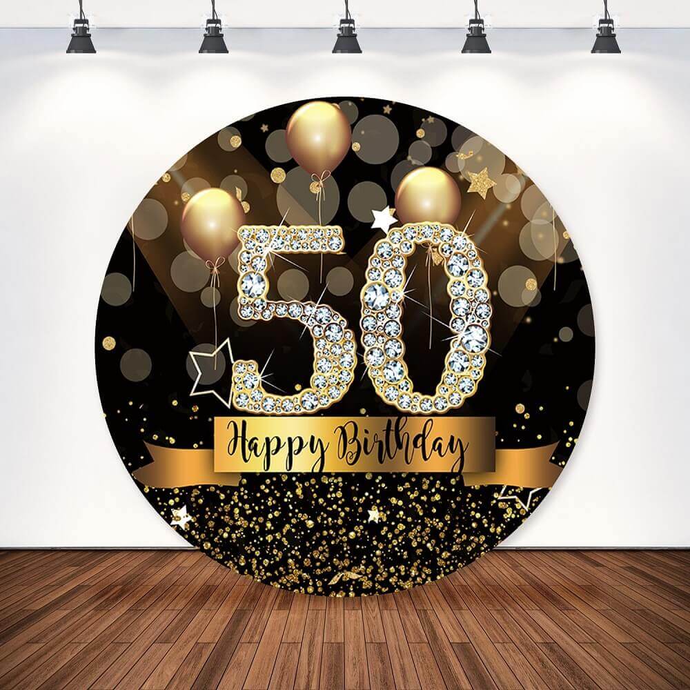 Luxury 50th birthday round backdrop with golden glitter, balloons, and a 'Happy Birthday' banner for party decor and photography.