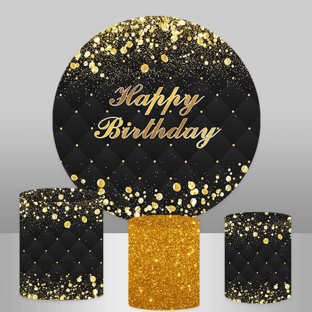 Elegant black-and-gold birthday party backdrop with quilted texture, golden glitter dots, and "Happy Birthday" text, paired with cylinder covers in glitter and black-and-gold designs.