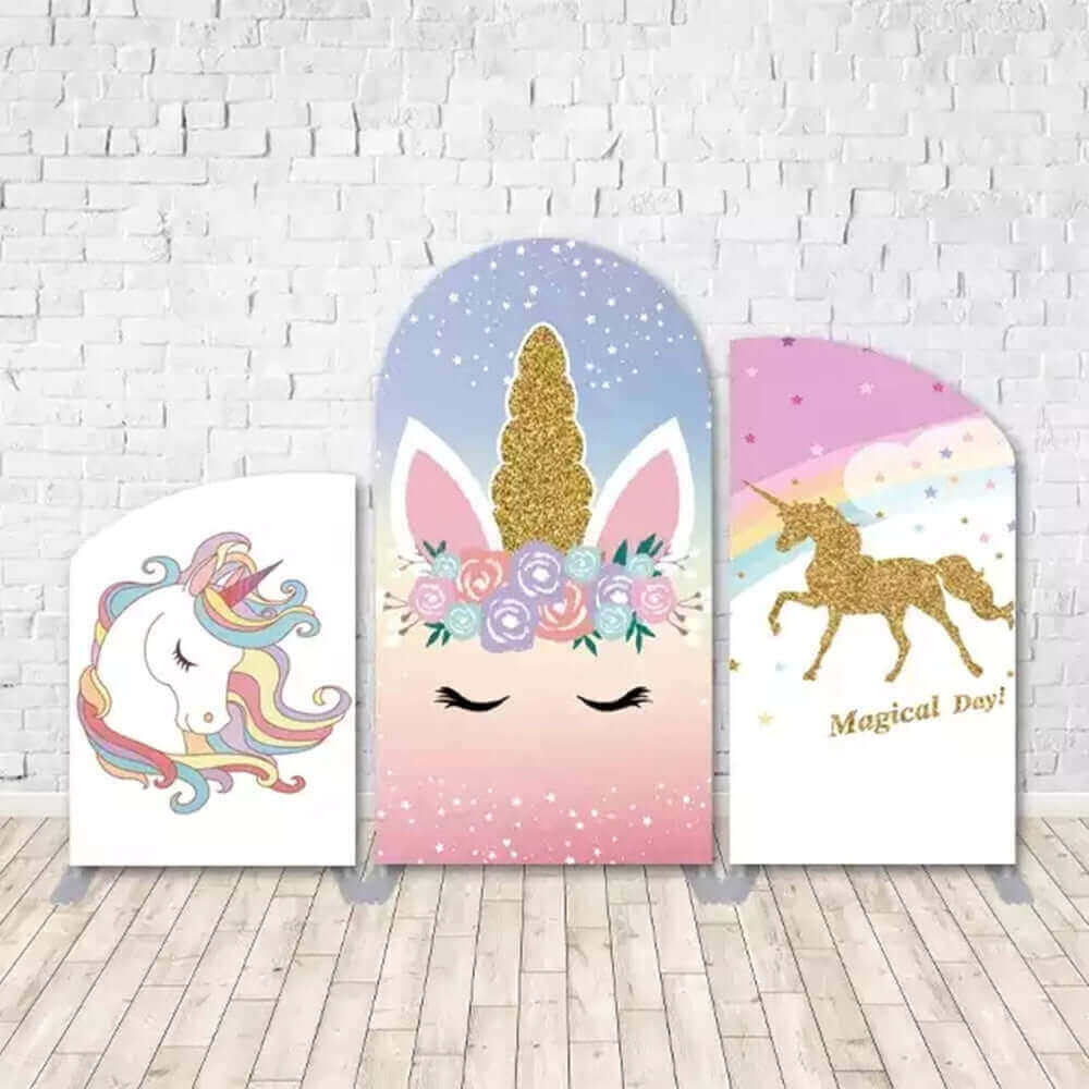 Three-piece unicorn-themed arched backdrop set with pastel and glittery designs, including a colorful unicorn mane, a gold horn centerpiece, and a golden unicorn silhouette.