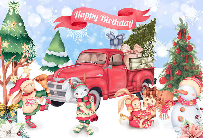 Festive Christmas and birthday backdrop with a red truck, snowman, presents, and cartoon animals in a winter setting.