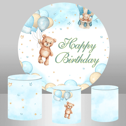 Hot Air Balloon Bear-themed party decoration set, featuring a round birthday backdrop and three matching cylinder covers with pastel sky and bear designs.