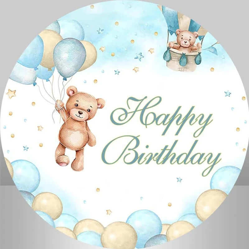 Hot Air Balloon Bear round birthday backdrop with pastel balloons, a smiling bear, and the text 'Happy Birthday' in elegant green script.