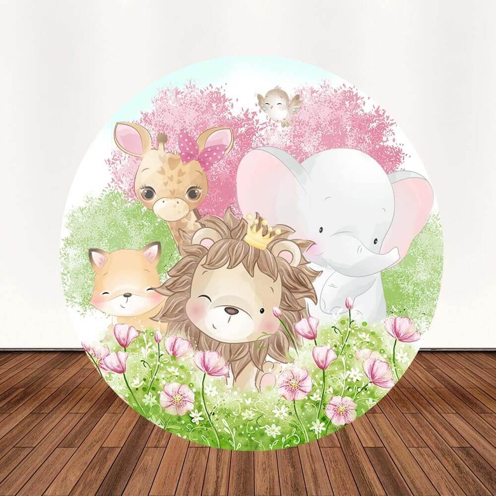 Round backdrop showcasing a watercolor jungle theme with a crowned lion, elephant, giraffe, fox, and pastel flowers, ideal for safari-themed events.