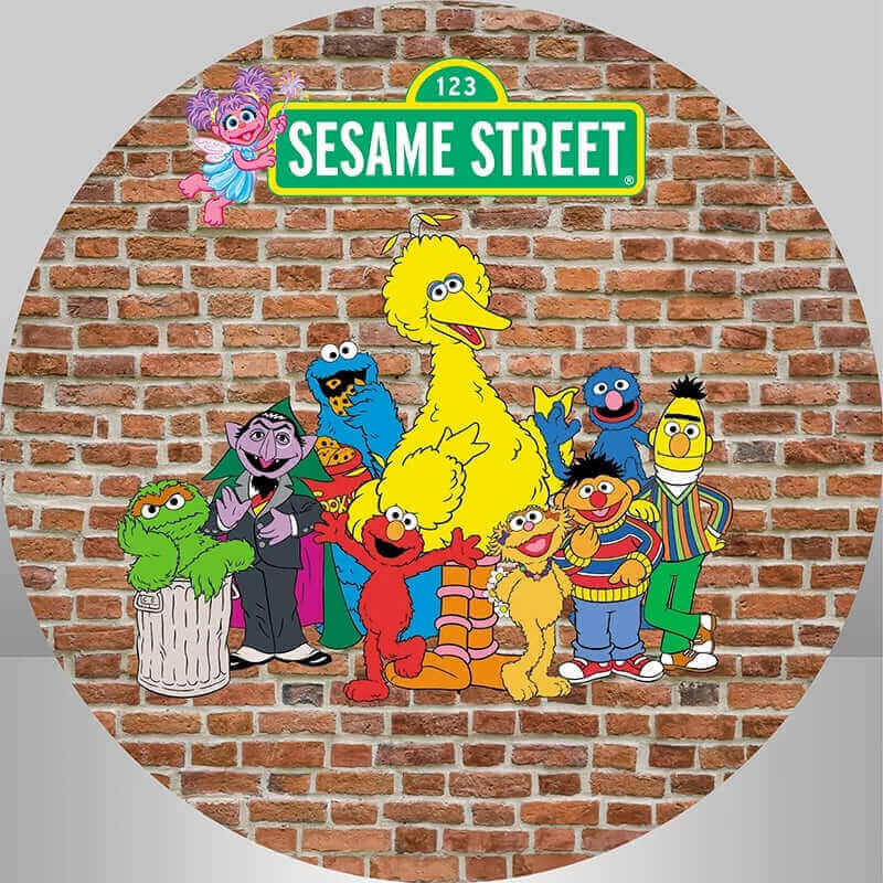 Sesame Street round backdrop cover featuring Big Bird, Elmo, Cookie Monster, and other characters against a brick wall design, ideal for kids’ parties and events.